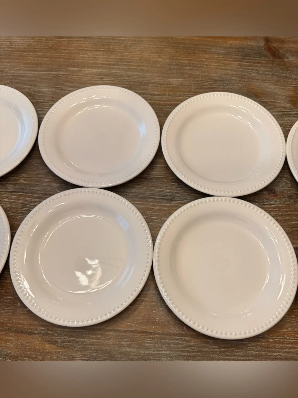 SET OF (10) POTTERY BARN EMMA BEADED STONEWARE DINNER PLATES